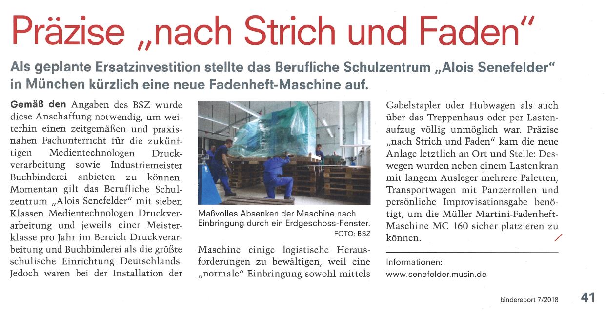Textseite mit Überschrift und Fließtext über eine Fadenheft-Maschine, dazu ein Bild der Maschine in Betrieb.