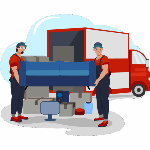 Zwei Umzugshelfer tragen ein Sofa vor einem Lieferwagen mit Umzugskartons.