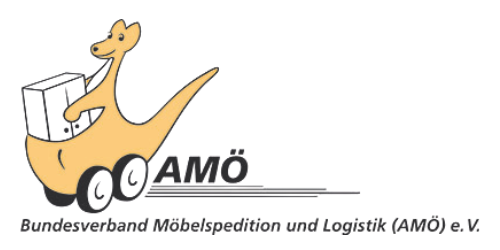 Logo eines Kängurus mit Paket auf einem Wagen, daneben der Schriftzug CAMÖ und darunter Text.