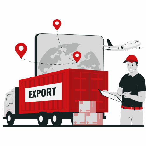 LKW mit Export-Container, Flugzeug, Weltkarte mit Standortmarkierungen und Mann mit Klemmbrett.