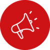 Weißes Megafon-Symbol auf rotem Hintergrund.