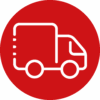 Weißes LKW-Symbol auf rotem Hintergrund.