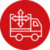 LKW-Symbol mit Pfeilen in alle Richtungen auf rotem Hintergrund.