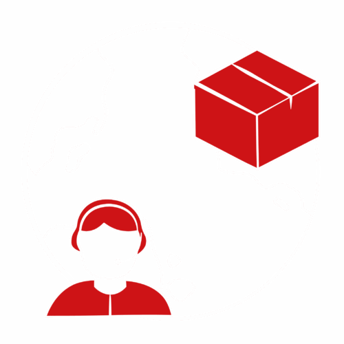 Symbol einer Person mit Headset und einem Paket, verbunden durch einen Pfeilkreis.