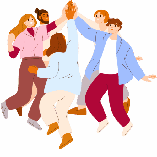 Fünf Menschen, die sich freudig die Hände zum High-Five geben.
