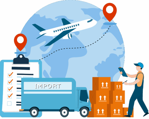 Illustration von globalem Versand mit Flugzeug, LKW, Kartons und Checkliste.
