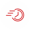 Rote Uhr mit Bewegungslinien, die Geschwindigkeit oder schnelle Zeit symbolisieren.