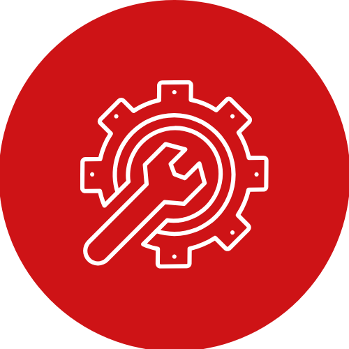 Weißes Zahnrad und Schraubenschlüssel auf rotem Hintergrund.