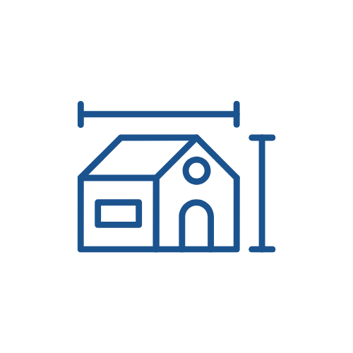 Haus mit Maßlinien für Breite und Höhe in blau auf weißem Hintergrund.