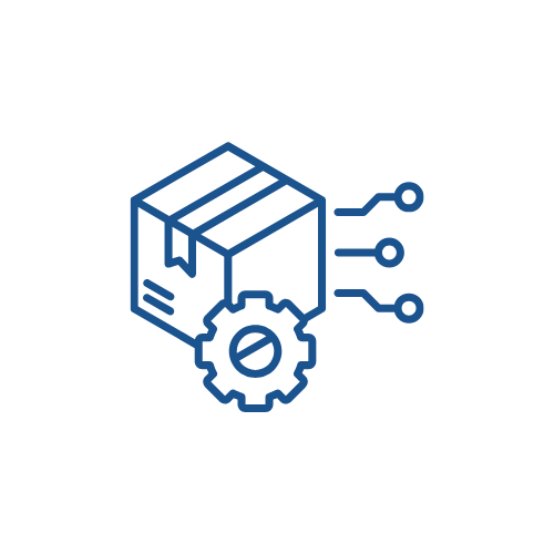 Symbol für automatisierte Paketverarbeitung mit Zahnrad und Verbindungslinien.
