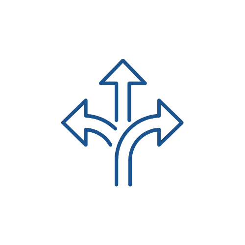 Drei Pfeile, die nach links, geradeaus und rechts zeigen.