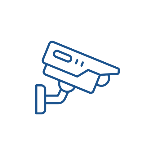 Symbol einer Überwachungskamera in blauer Linie auf weißem Hintergrund